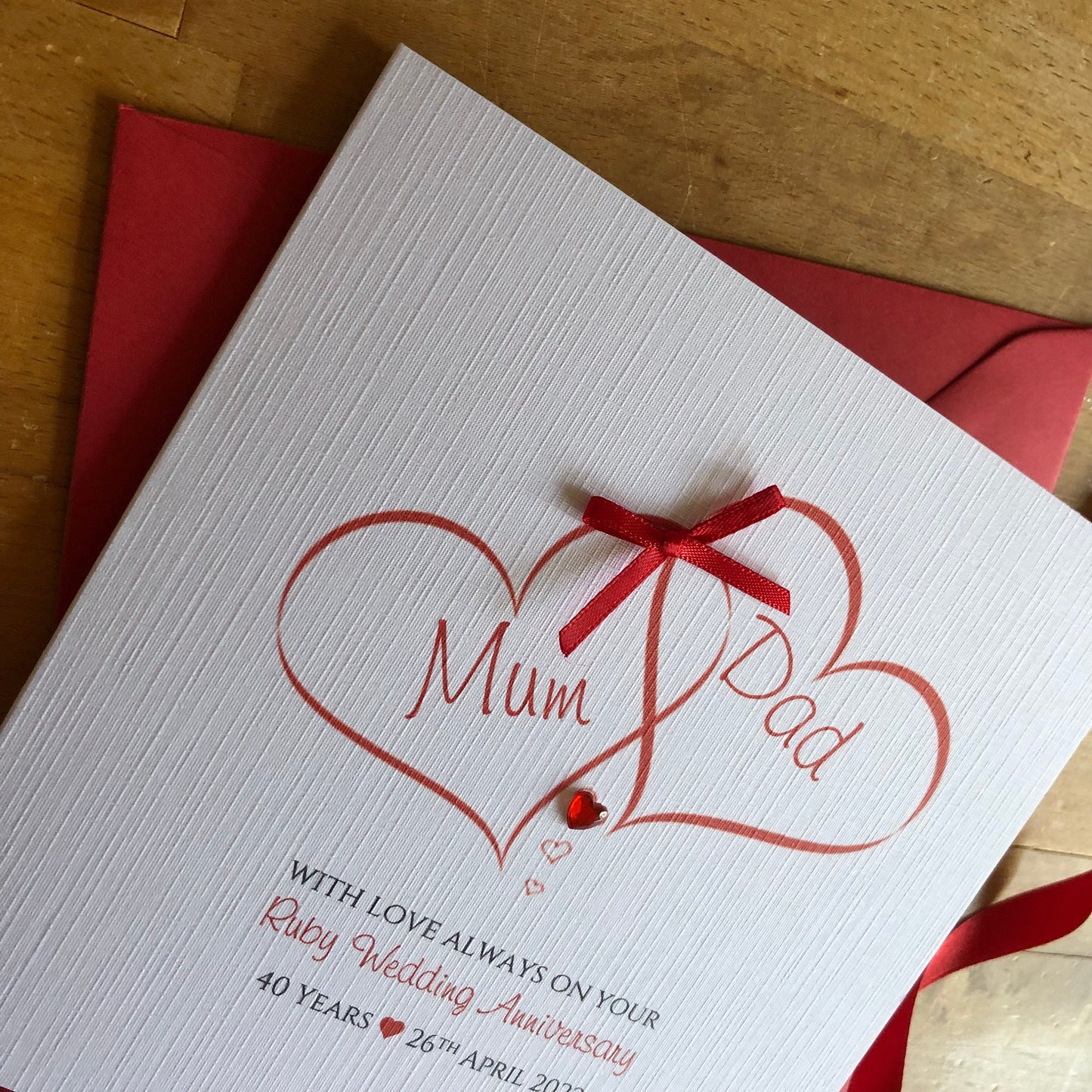 Ruby Wedding Anniversary Card, 40th Anniversary - Ruby Entwined Hearts - Personalised