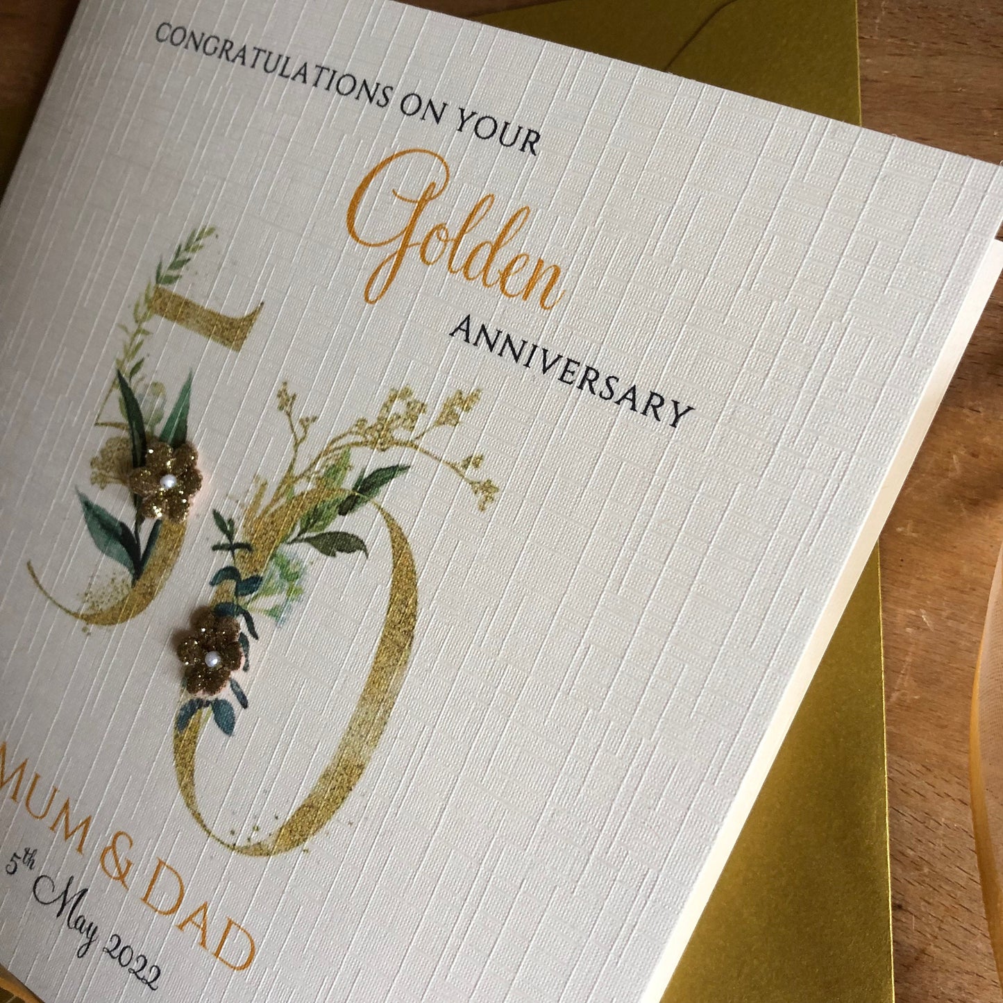 Golden 50th Wedding Anniversary Card, Glitter Flowers - Personalised
