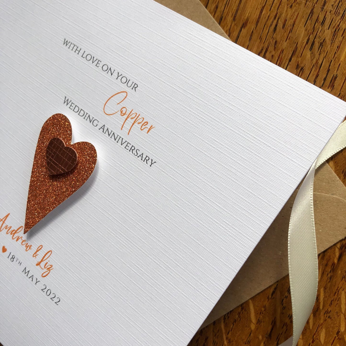 Personalised 7th / 9th / 22nd / 49th Wedding Anniversary Card - Copper - Two Hearts