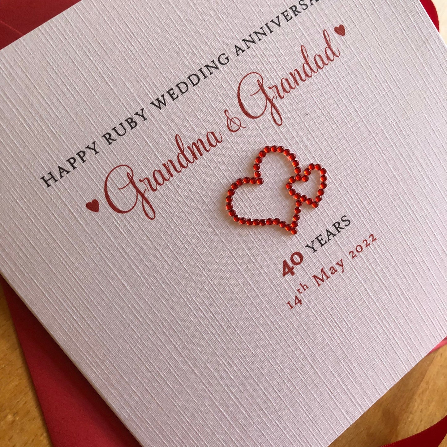 Ruby Wedding Anniversary Card, Ruby Crystal Entwined Hearts, 40th Anniversary - Personalised