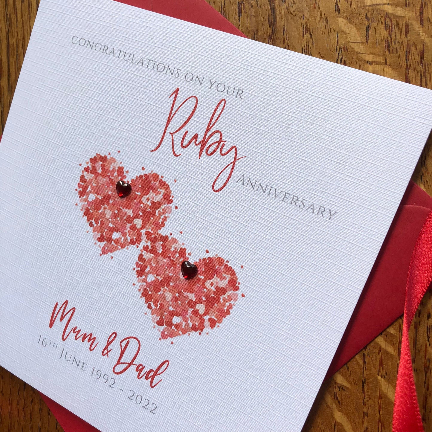 Ruby Wedding Anniversary Card, Personalised - Two Heart of Hearts