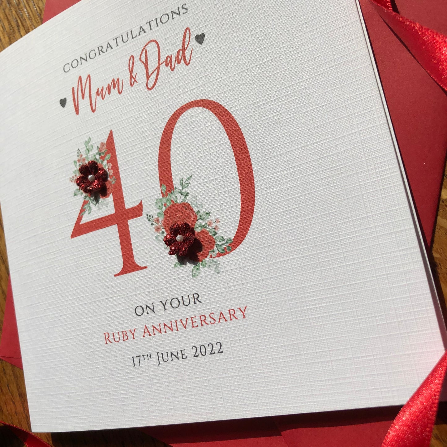 Ruby 40th Wedding Anniversary Card - Glitter Flower Numbers - Personalised