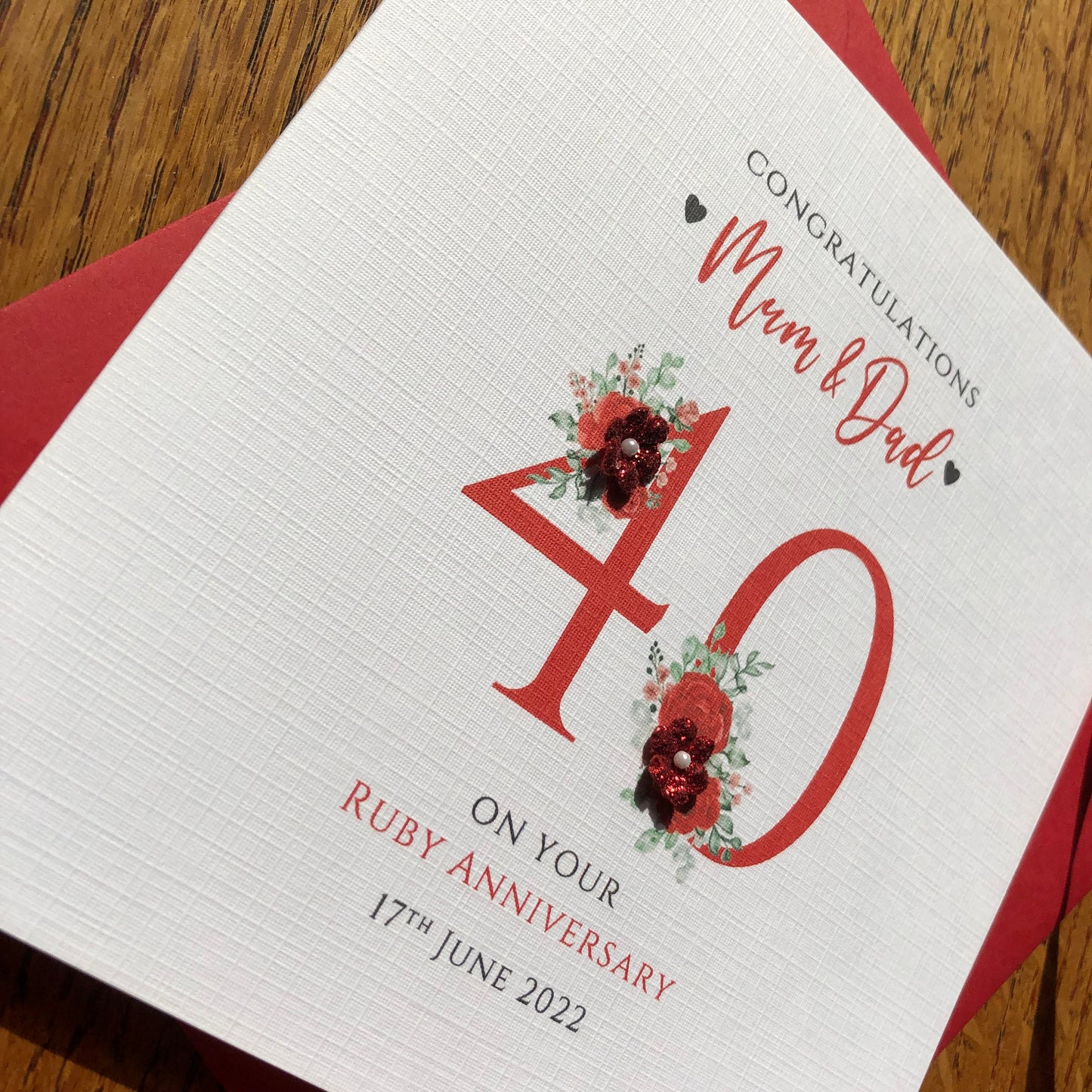 Ruby 40th Wedding Anniversary Card - Glitter Flower Numbers - Personalised