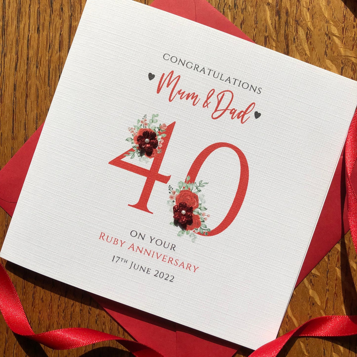 Ruby 40th Wedding Anniversary Card - Glitter Flower Numbers - Personalised