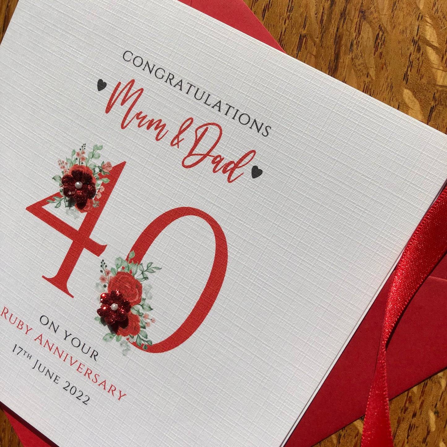 Ruby 40th Wedding Anniversary Card - Glitter Flower Numbers - Personalised
