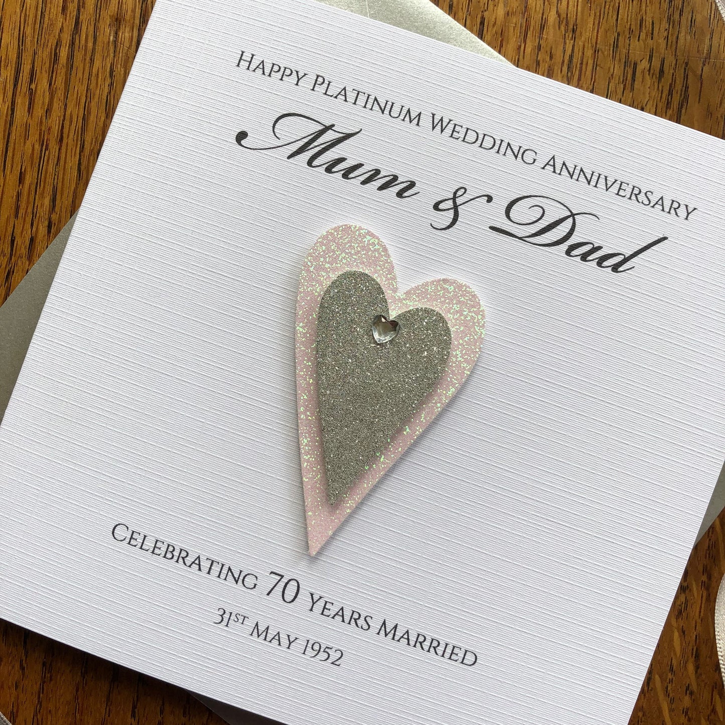 Personalised Diamond 60th or Platinum 70th Wedding Anniversary Card - Double Glitter Hearts