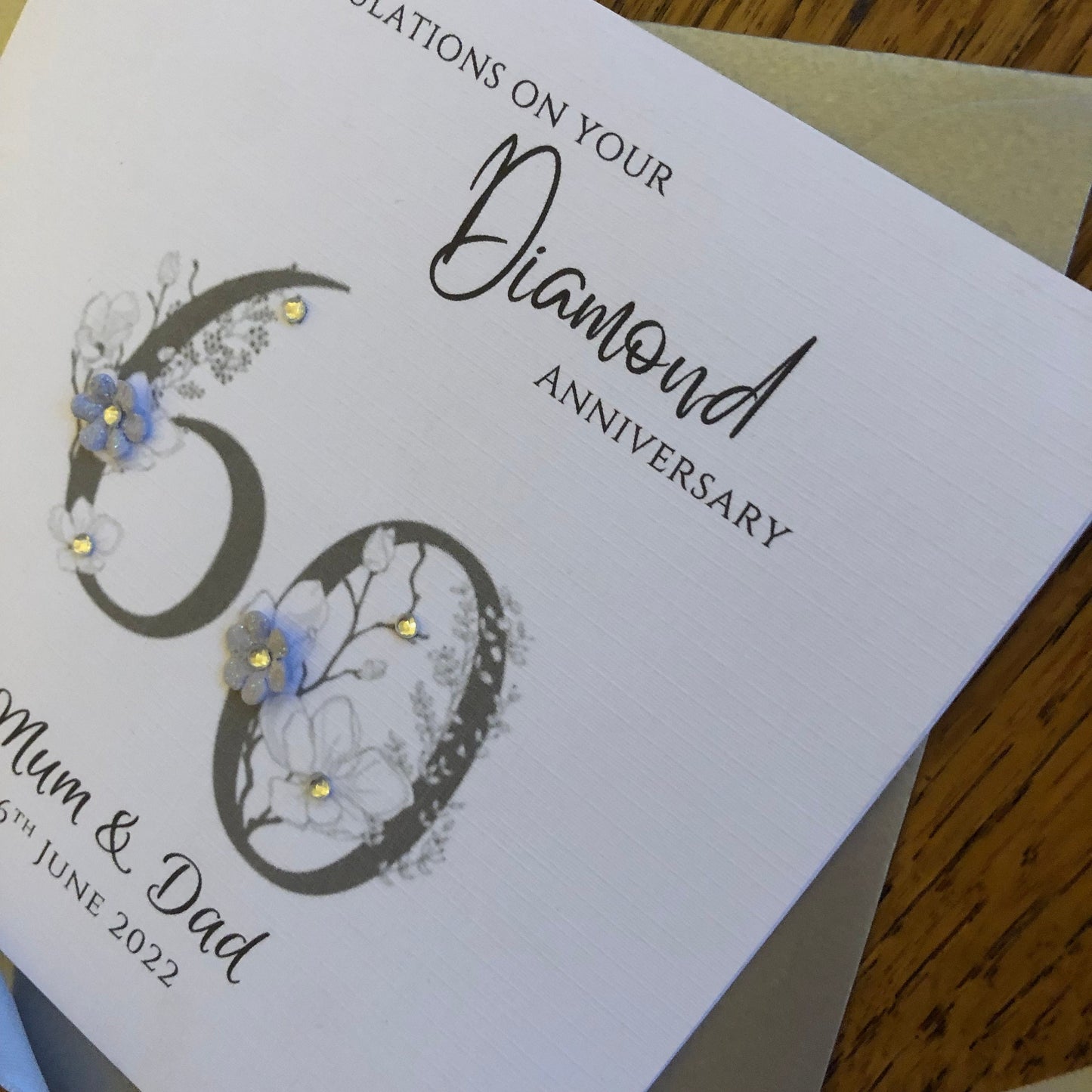 Diamond 60th or Platinum 70th Wedding Anniversary Card, Floral Numbers