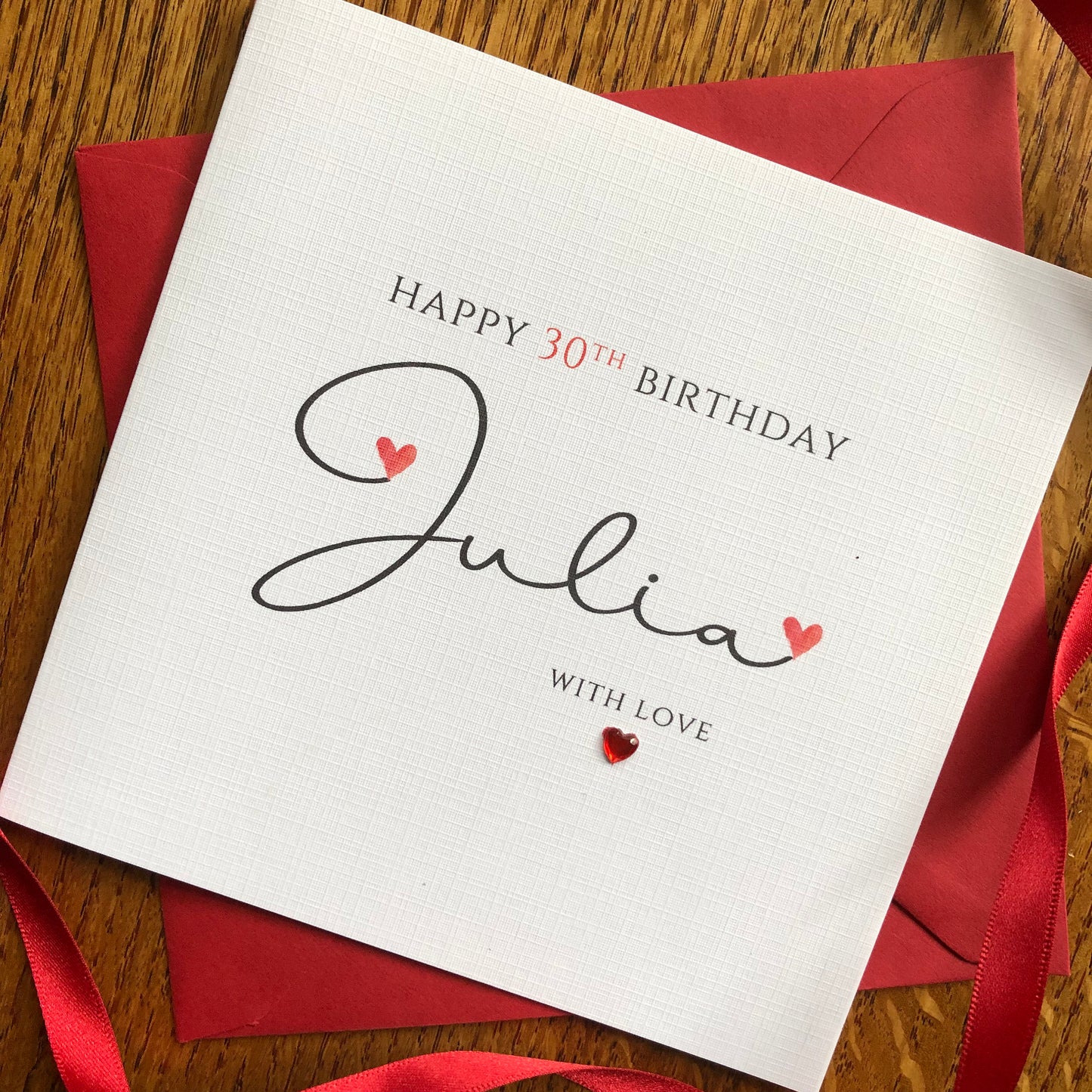 Personalised Birthday Card - Large Pink Heart Name with Crystal Heart