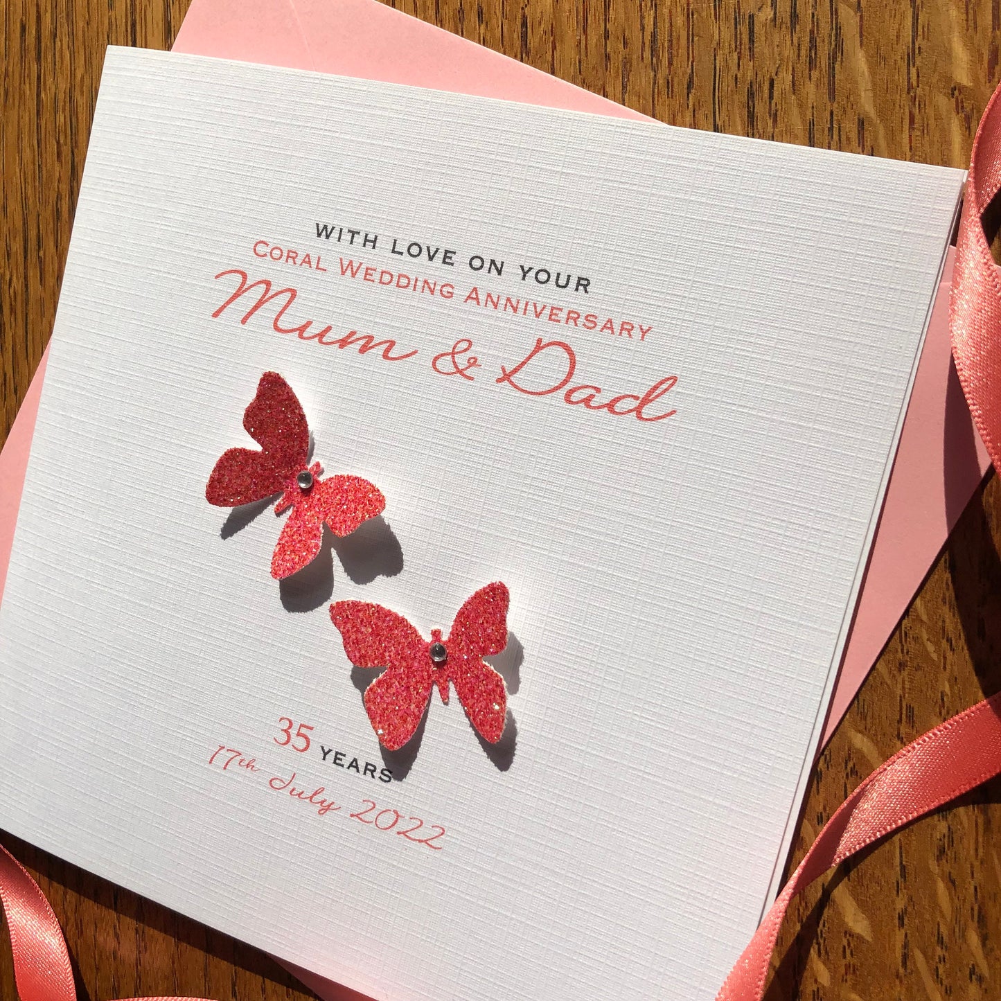 Coral 35th Wedding Anniversary Card, Coral Glitter Butterflies, Personalised