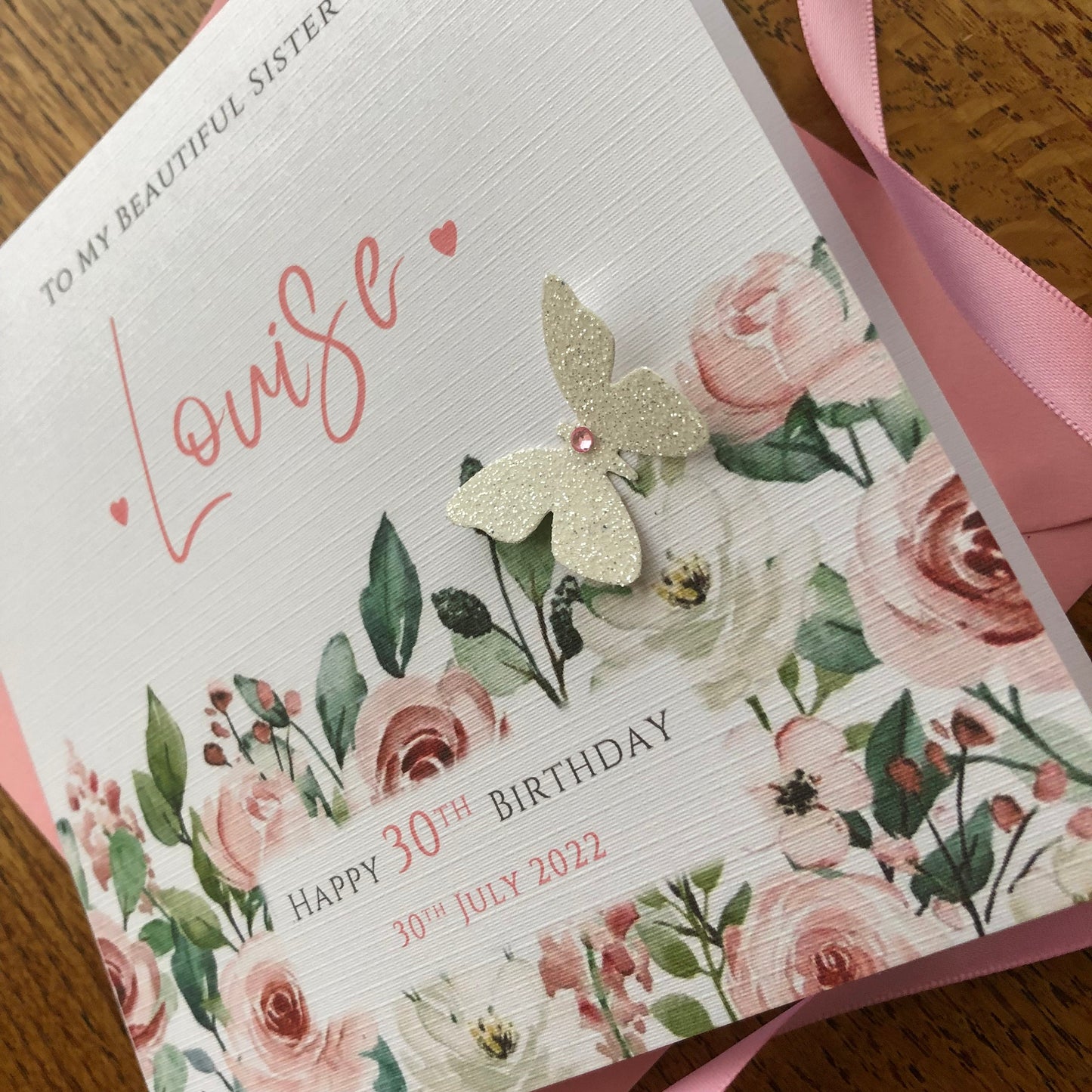 Personalised Birthday Card - Pink Wild Flower Border & Butterfly