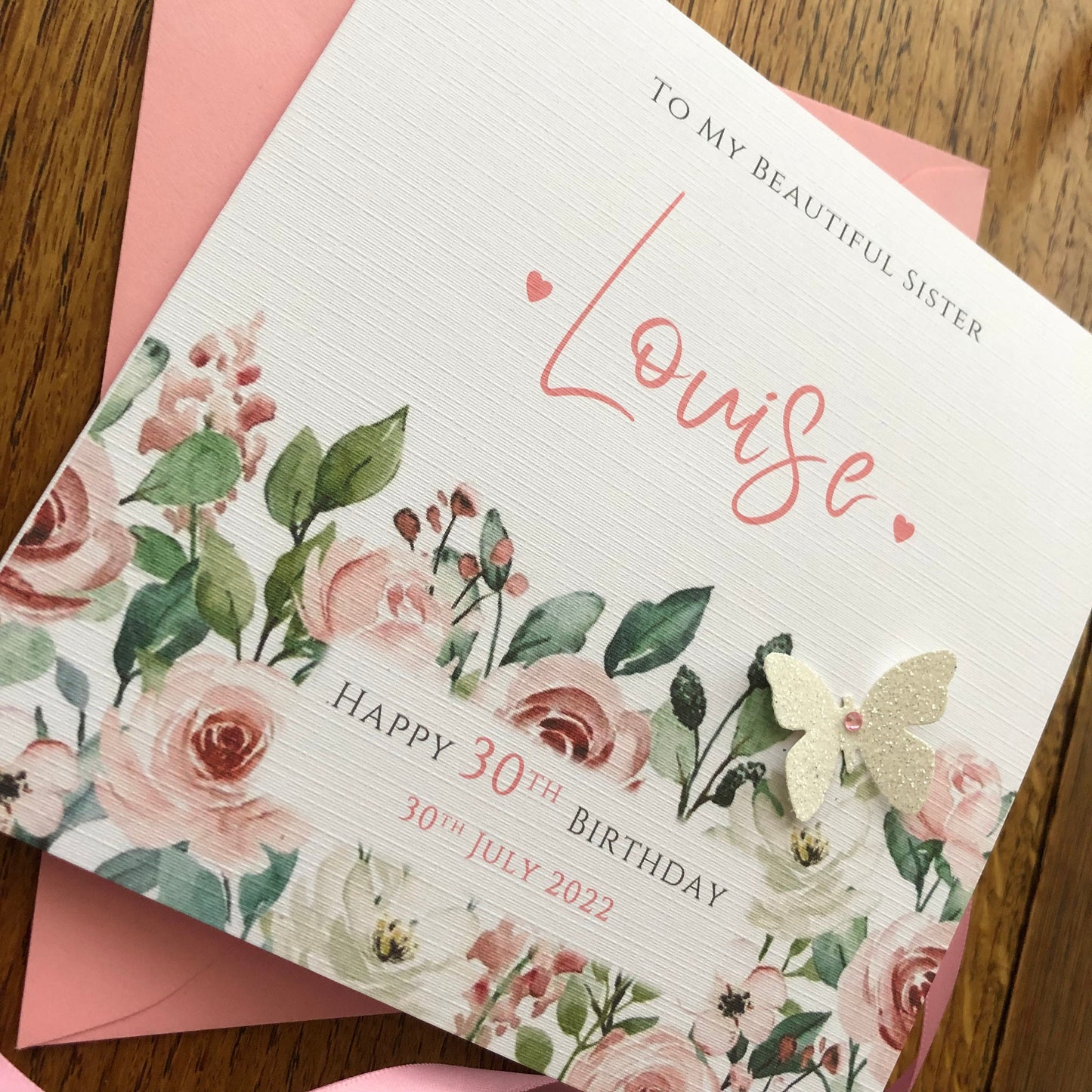 Personalised Birthday Card - Pink Wild Flower Border & Butterfly