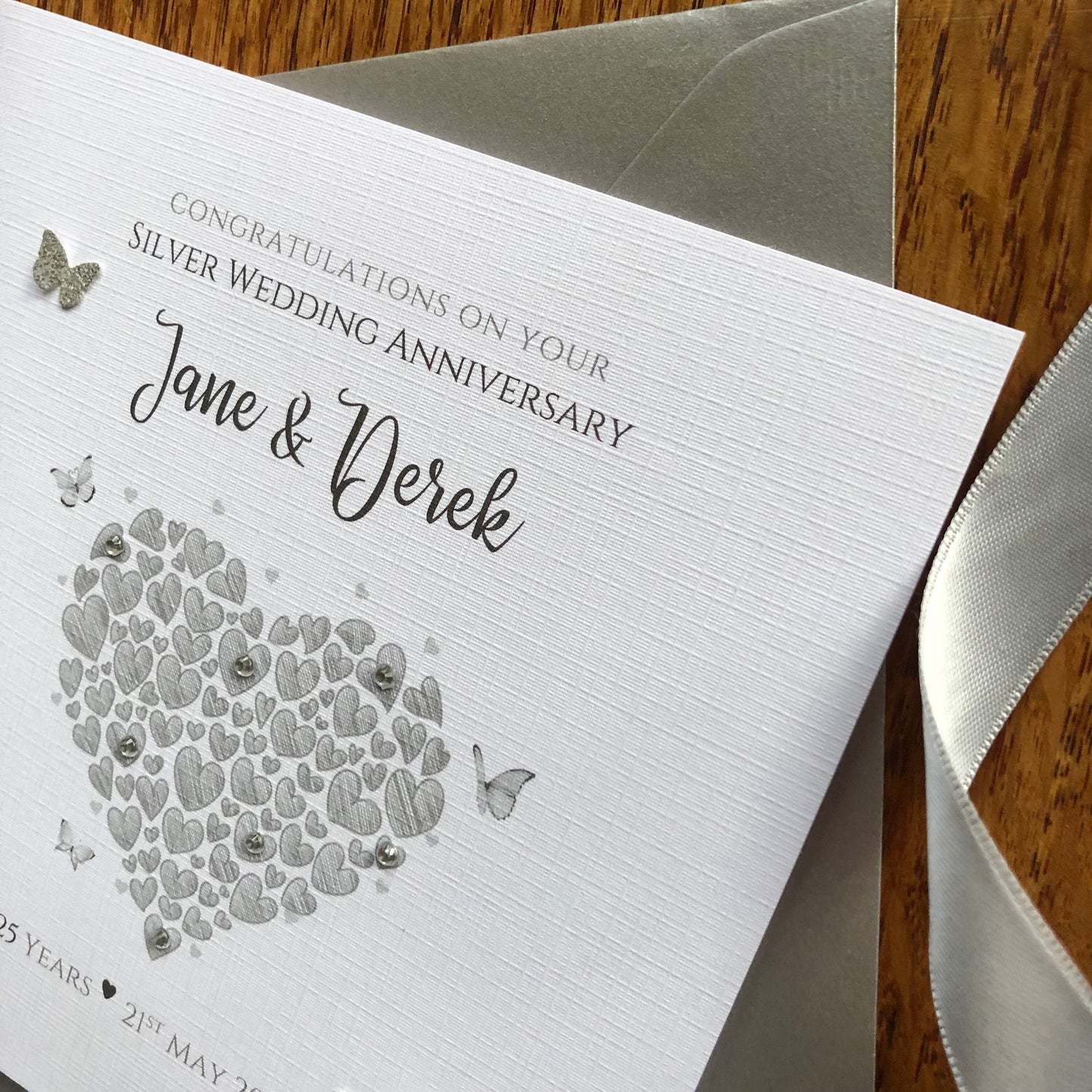 Silver 25th Wedding Anniversary Card - Heart of Hearts & Butterflies