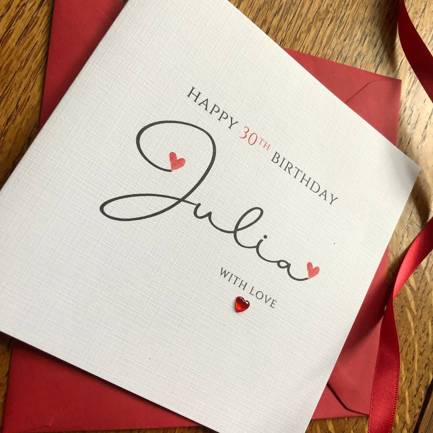 Personalised Birthday Card - Large Pink Heart Name with Crystal Heart