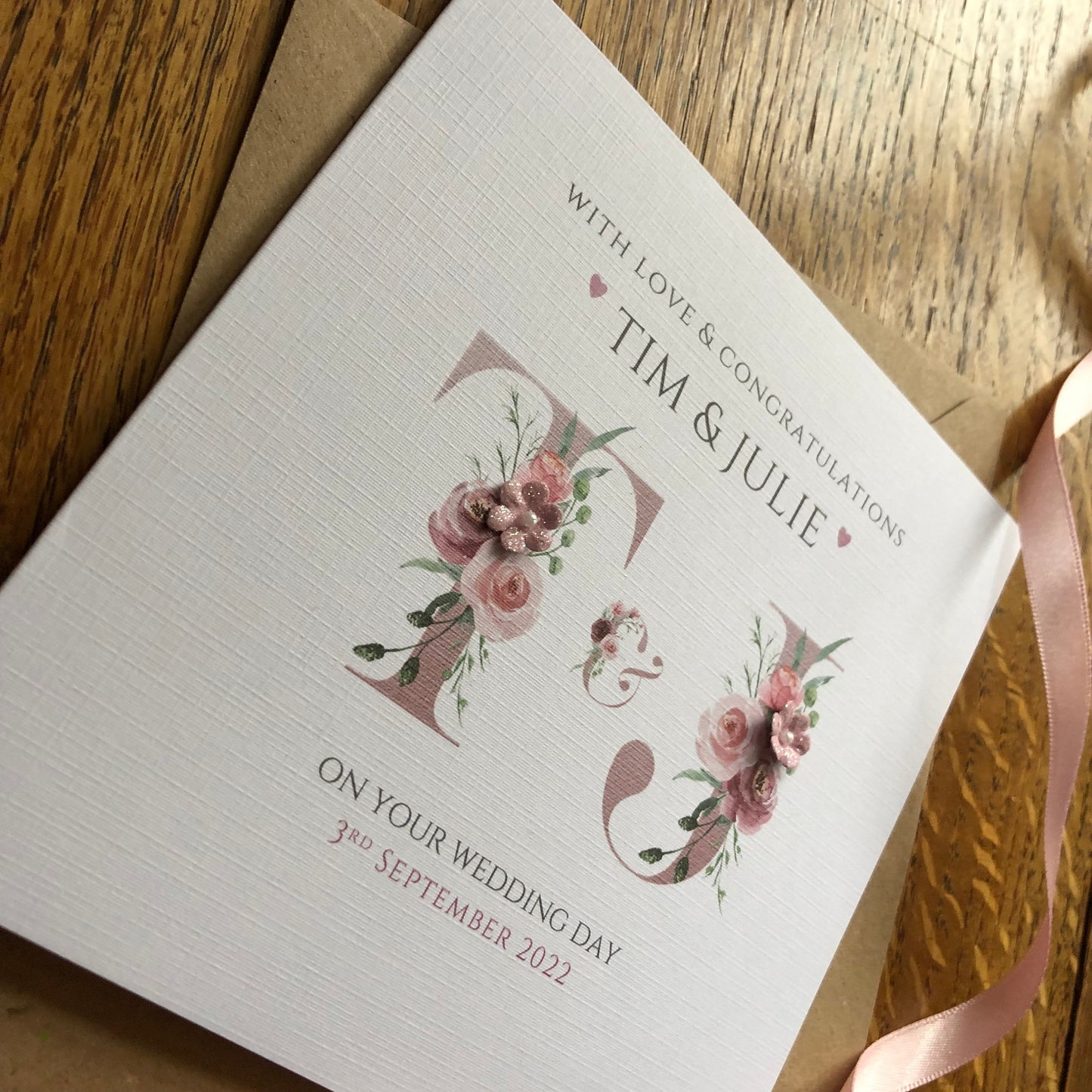 Personalised Bride & Groom Initials Monogram Wedding Day Card - Dusty Pink Letters