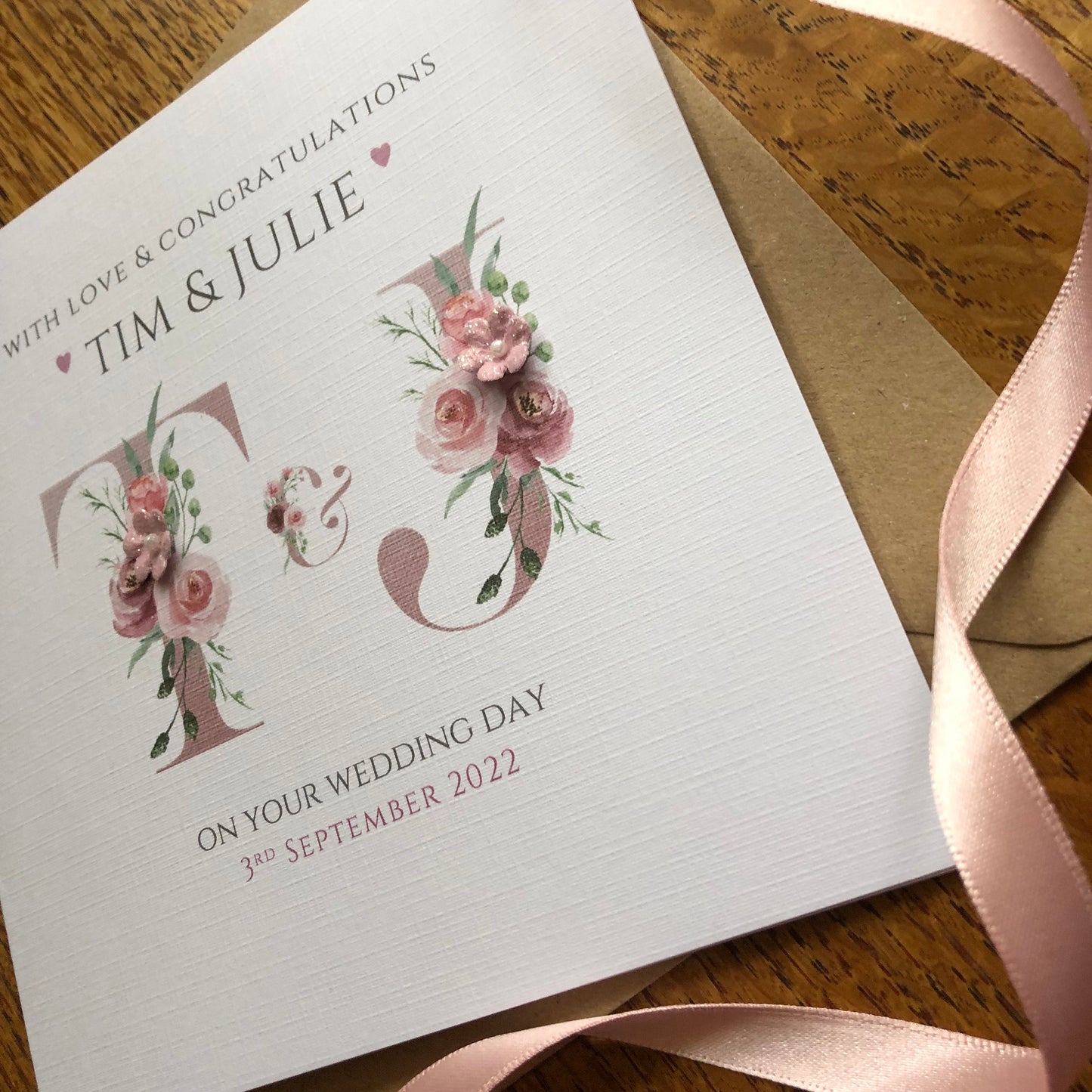 Personalised Bride & Groom Initials Monogram Wedding Day Card - Dusty Pink Letters