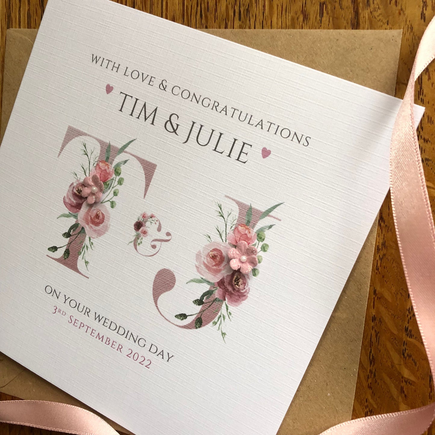 Personalised Bride & Groom Initials Monogram Wedding Day Card - Dusty Pink Letters