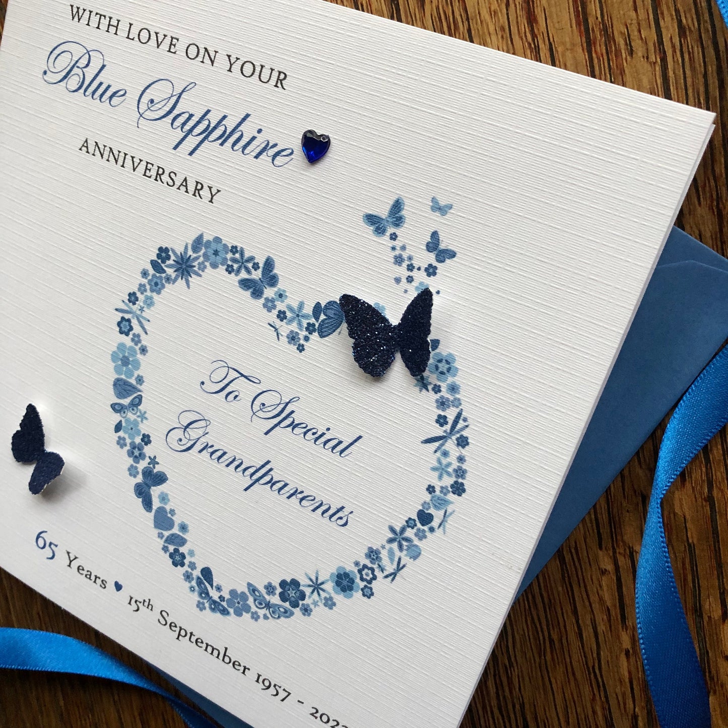Sapphire Wedding Anniversary Card, 45th or 65th Butterfly Heart