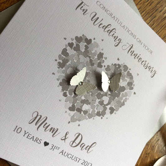Tin 10th Wedding Anniversary Card, Heart of Hearts with Butterflies, Personalised Anniversary Card