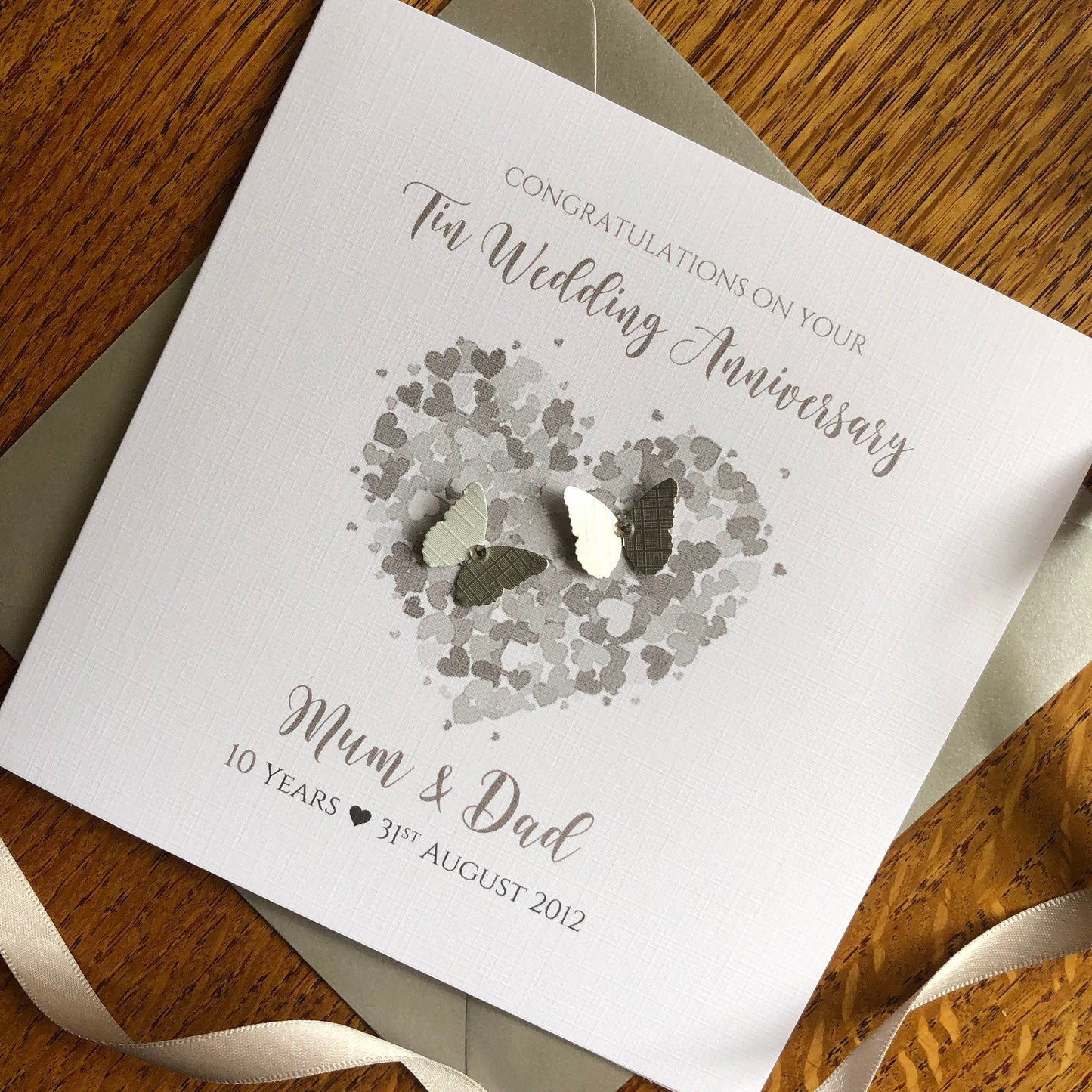 Tin 10th Wedding Anniversary Card, Heart of Hearts with Butterflies, Personalised Anniversary Card