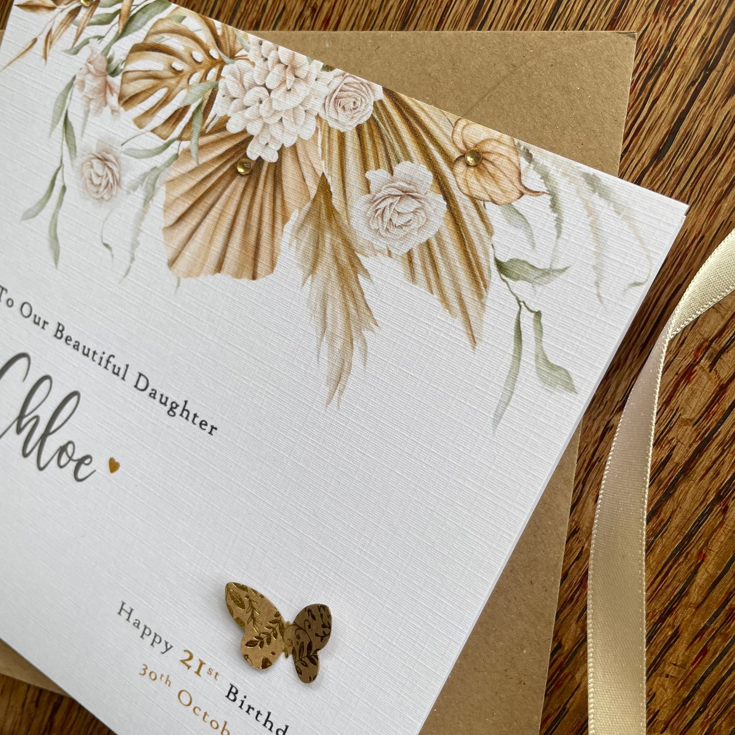 Personalised Birthday Card - Champagne Gold Floral Butterfly