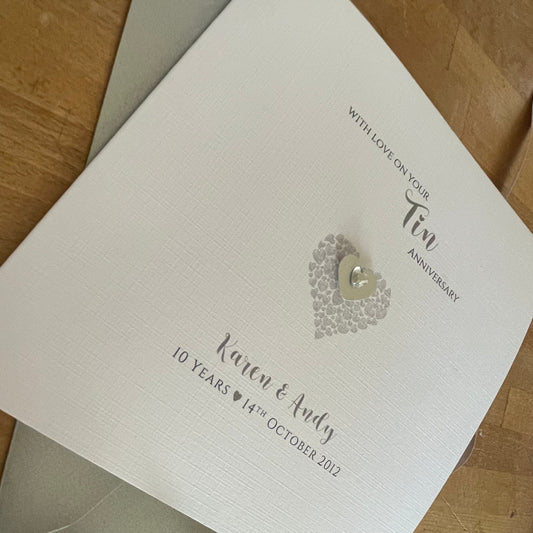Tin 10th Wedding Anniversary Card, Triple Hearts, Personalised
