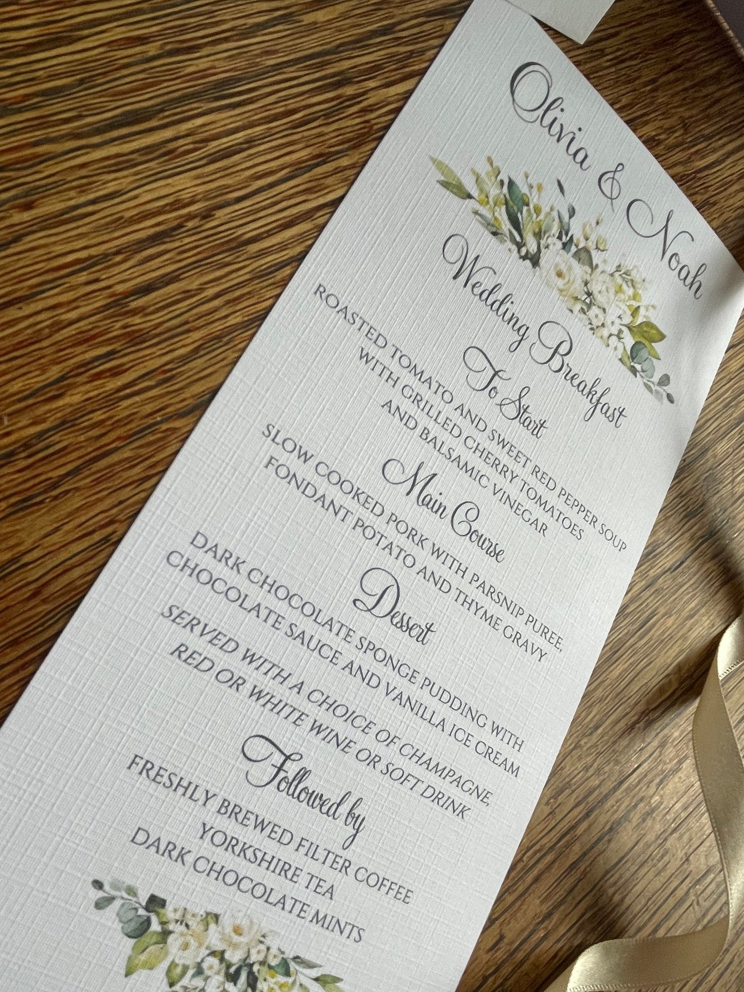 Personalised Wedding Table Menu Cards - Botanical Eucalyptus and Roses - Wedding Breakfast Menu