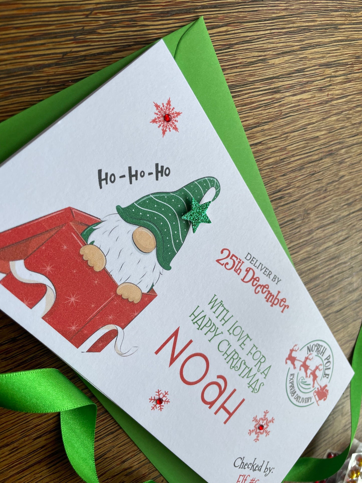 Personalised Christmas Gnome North Pole Delivery Money / Gift / Voucher Wallet with Crystals and Glitter Star
