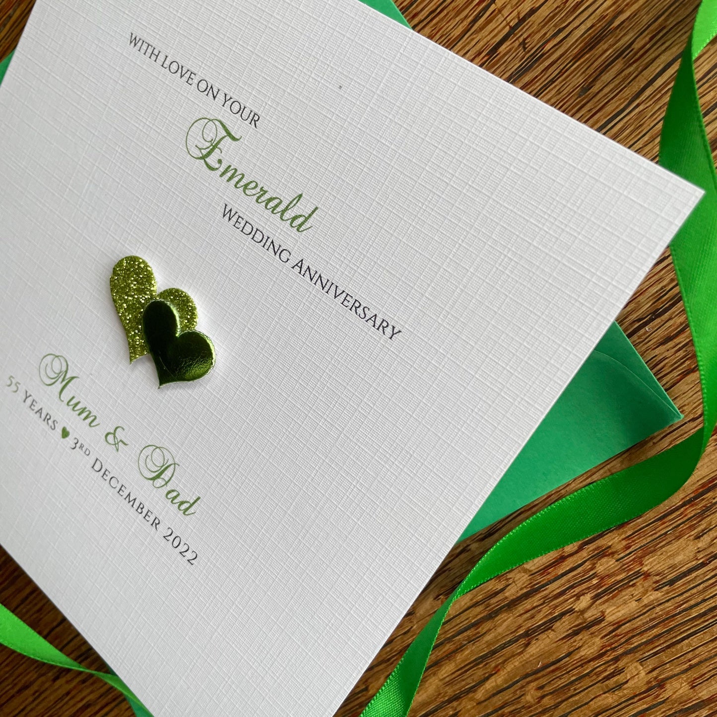 Personalised Emerald Wedding Anniversary Card, 55 Years Married - Double Glitter Hearts