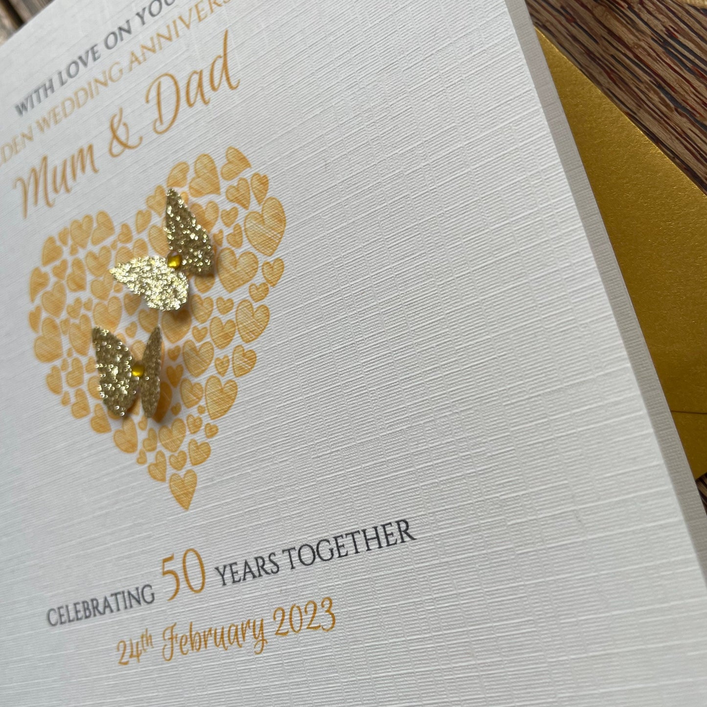 Personalised Golden Wedding Anniversary Card - Heart of Hearts & Butterflies