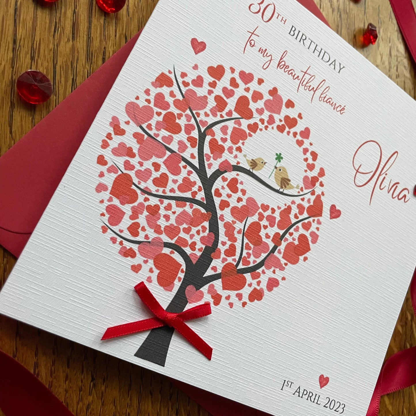 Personalised Birthday Card - Red Heart Tree with Birds