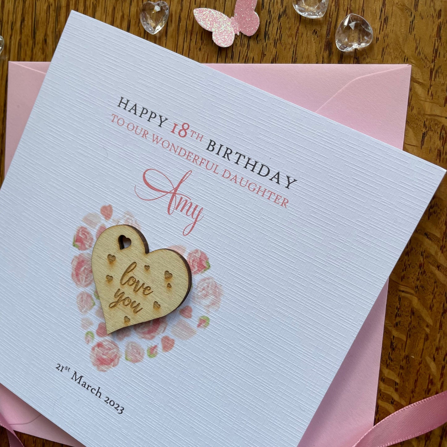 Personalised Birthday Card - Pink Rose Heart Pocket Hug Keepsake Card