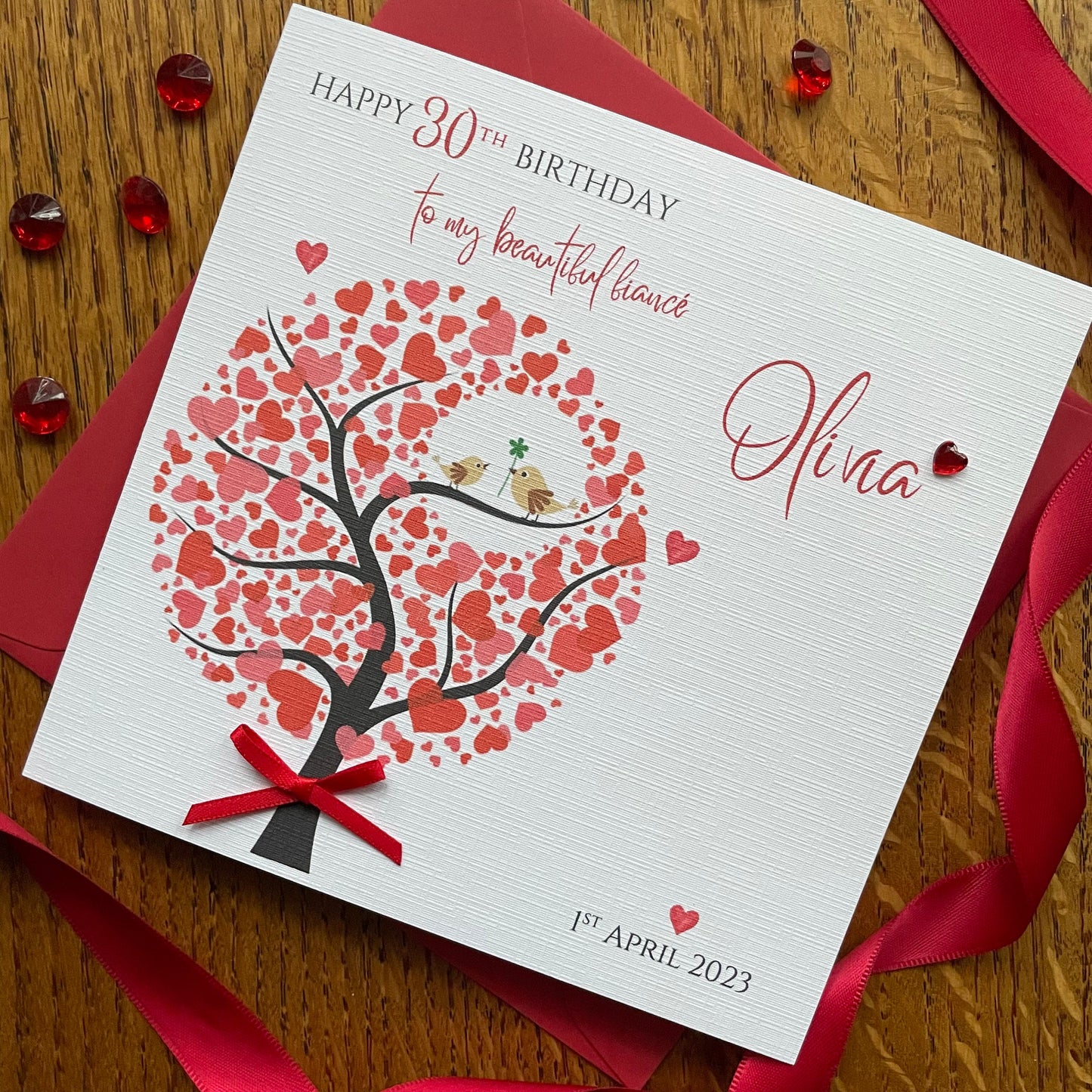 Personalised Birthday Card - Red Heart Tree with Birds
