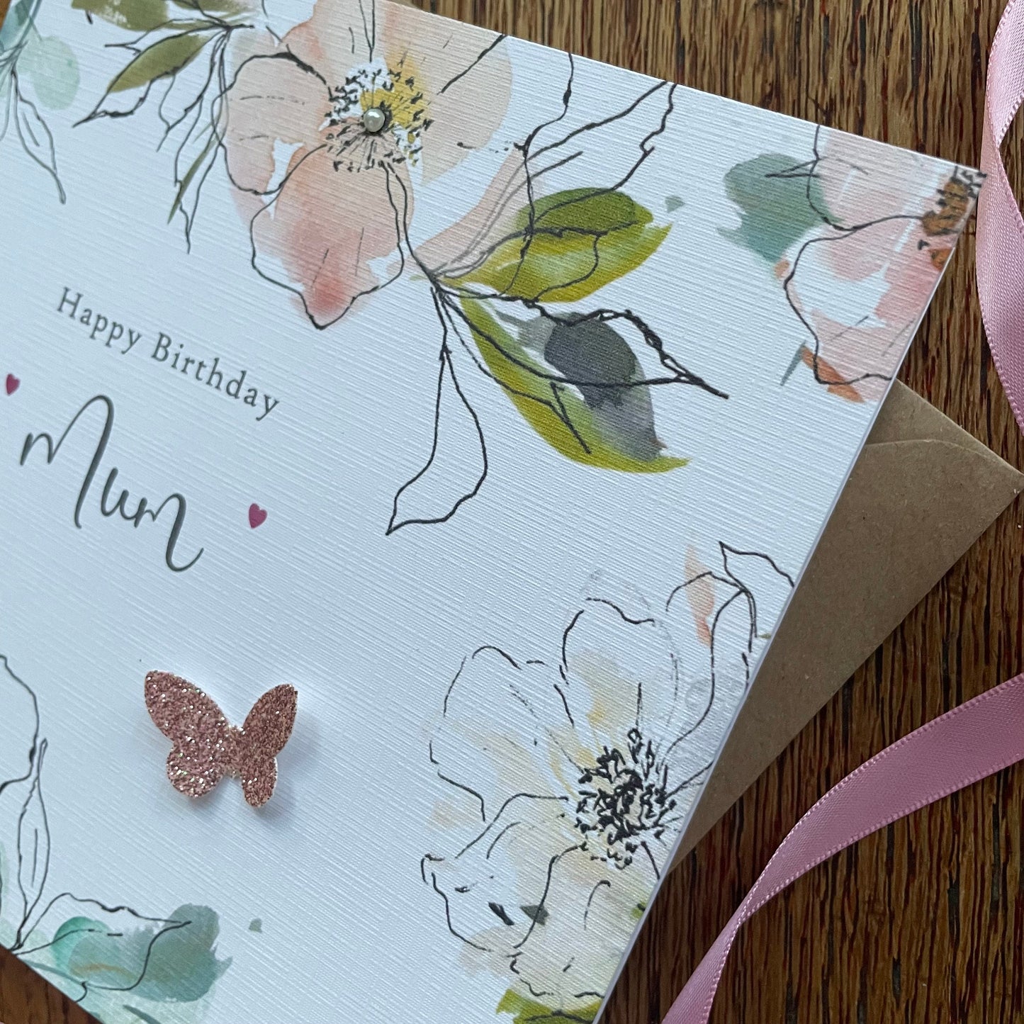 Personalised Birthday Card - Floral Watercolour Frame with Pearl Butterfly