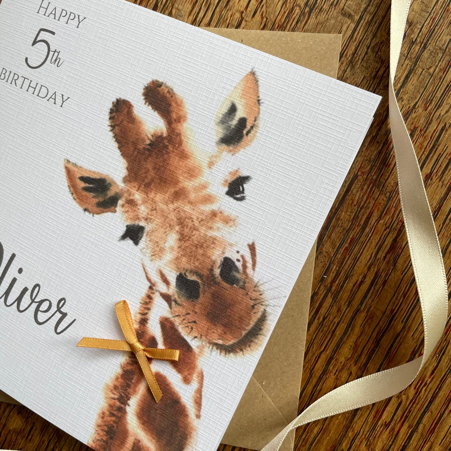 Personalised Birthday Card - Large Giraffe with Ribbon Bow