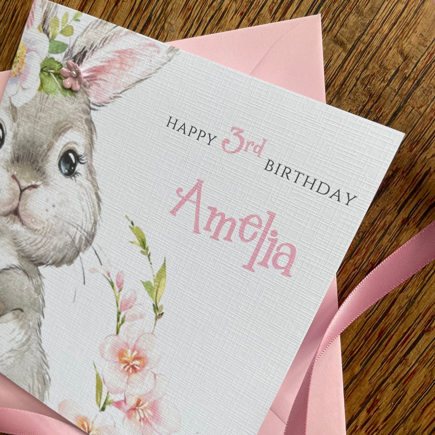 Personalised Birthday Card - Rabbit with Glitter and Pearl Flower - Daughter, Sister, Niece - 1st, 2nd, 3rd