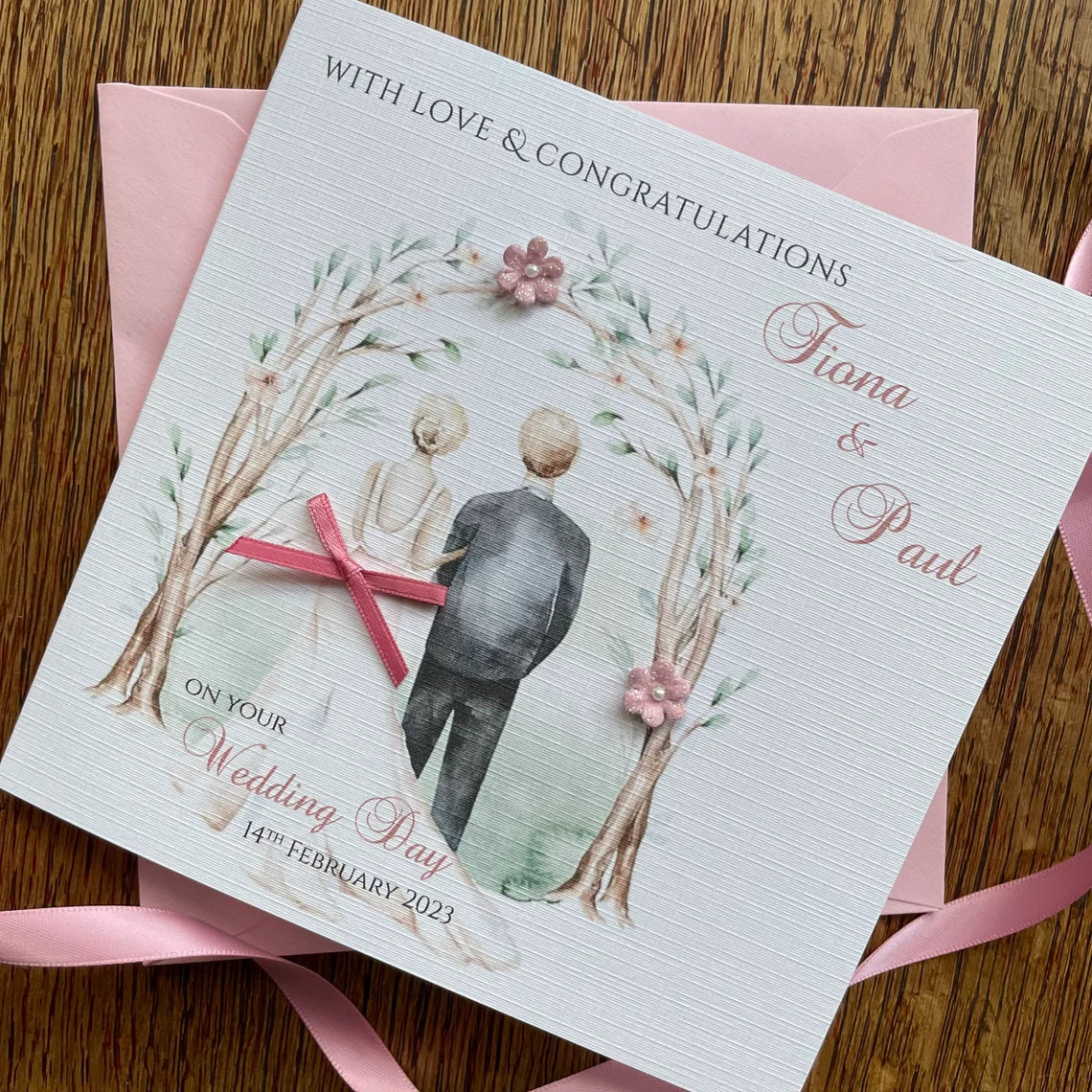 Personalised Wedding Day Card - Bride & Groom - Congratulations on your Wedding Day, Mr and Mrs, Newlyweds with names and date - any colour