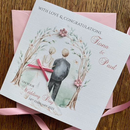 Personalised Wedding Day Card - Bride & Groom - Congratulations on your Wedding Day, Mr and Mrs, Newlyweds with names and date - any colour