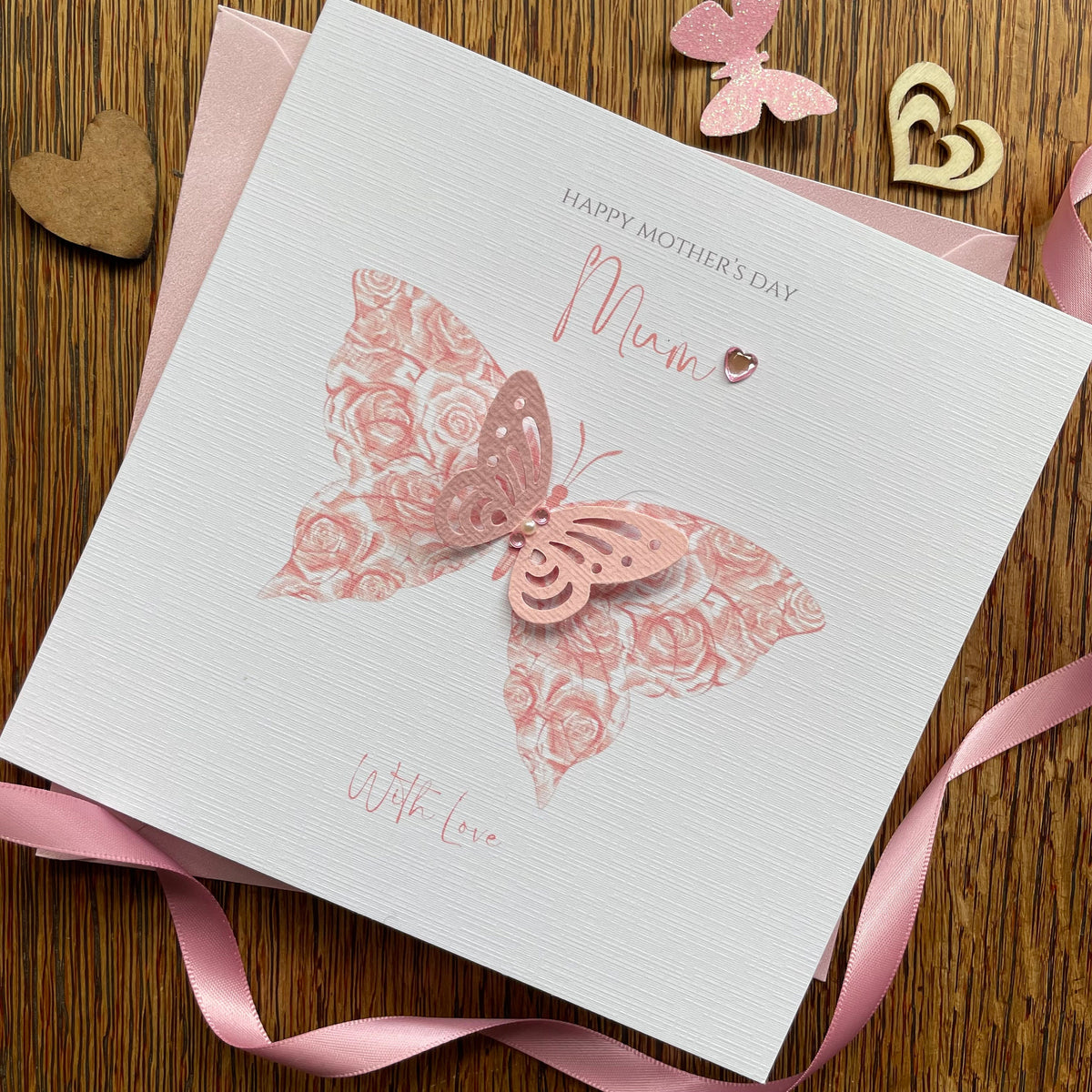 Personalised Mother's Day Card - Floral 3D Butterfly with Crystals