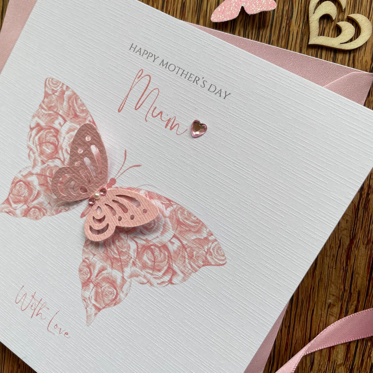 Personalised Mother's Day Card - Floral 3D Butterfly with Crystals