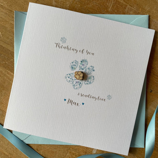 Personalised Pet Loss Sympathy Card - Blue Floral Paw and Wooden Paw