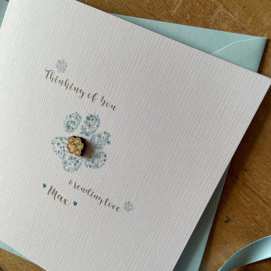 Personalised Pet Loss Sympathy Card - Blue Floral Paw and Wooden Paw