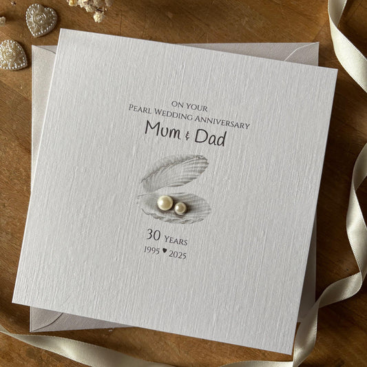 Personalised Pearl 30th Wedding Anniversary Card - Open Seashell with Pearls