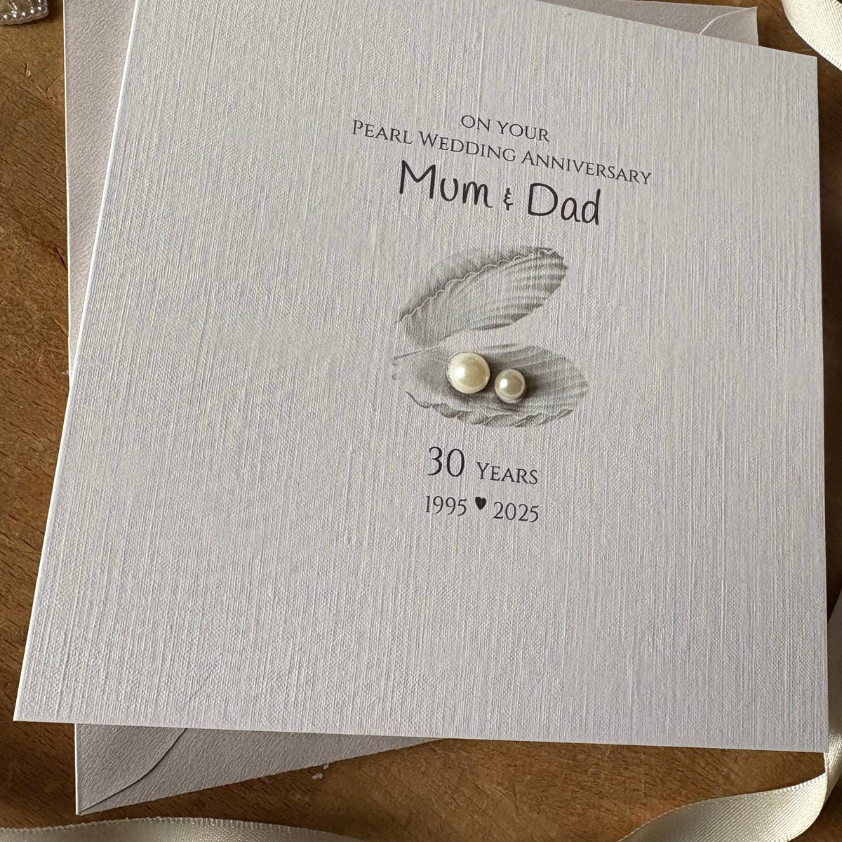 Personalised Pearl 30th Wedding Anniversary Card - Open Seashell with Pearls