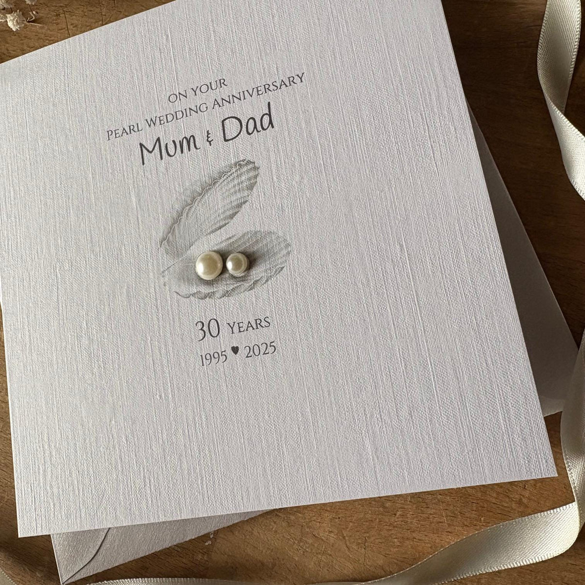 Personalised Pearl 30th Wedding Anniversary Card - Open Seashell with Pearls
