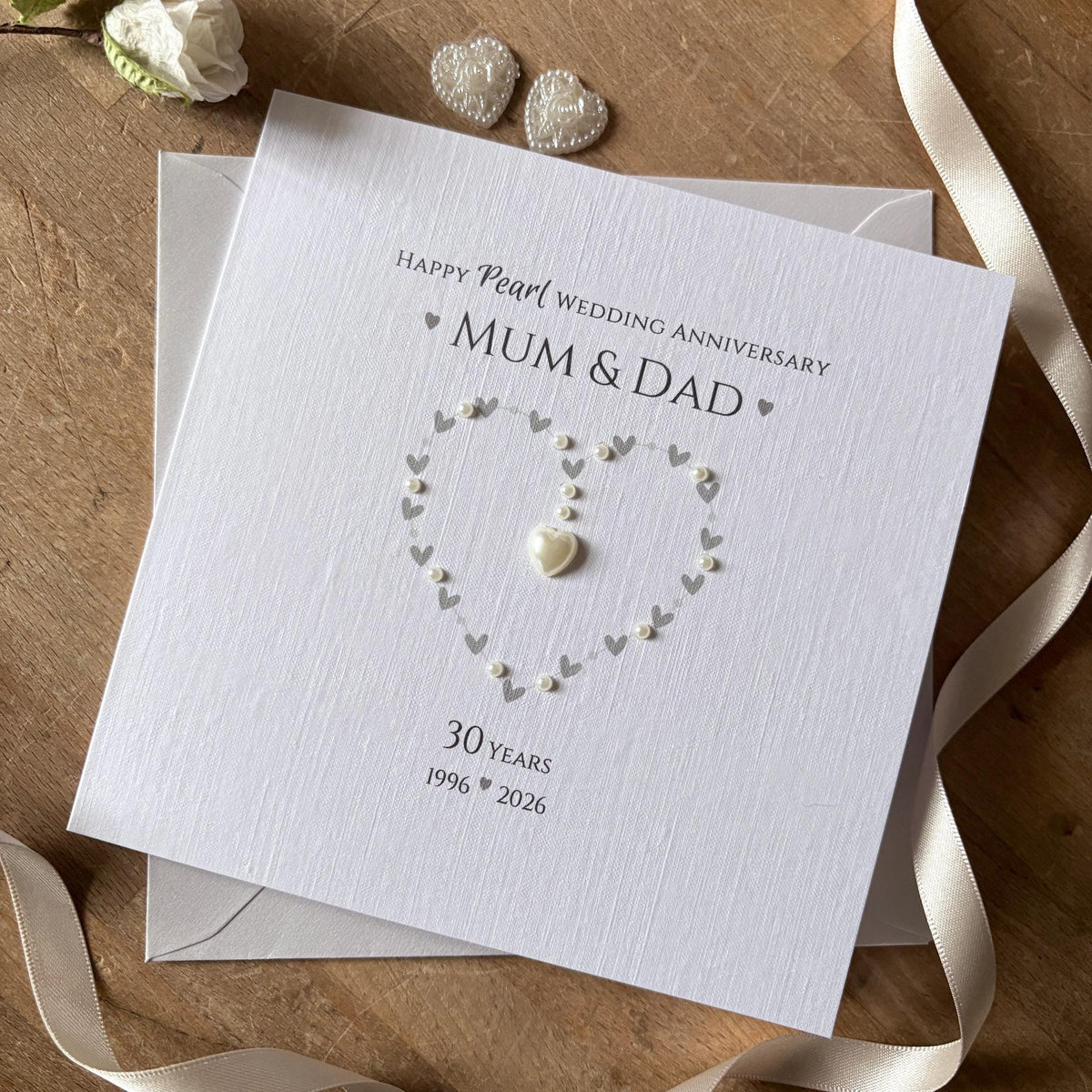 Personalised Pearl 30th Wedding Anniversary Card - Heart with Pearl Centre