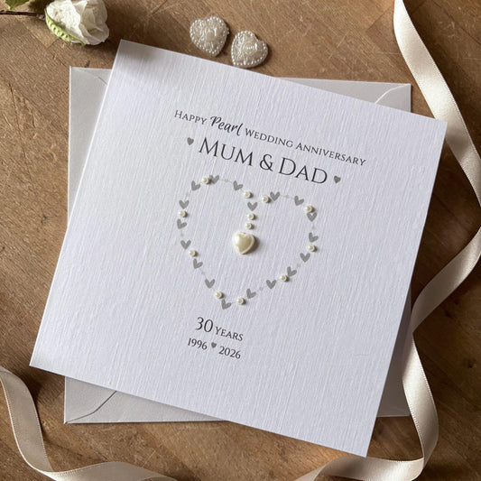 Personalised Pearl 30th Wedding Anniversary Card - Heart with Pearl Centre