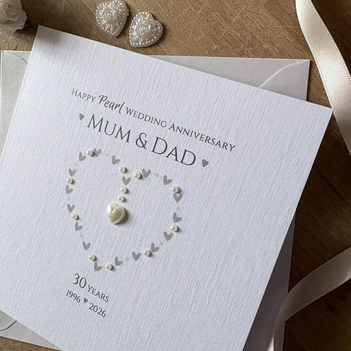 Personalised Pearl 30th Wedding Anniversary Card - Heart with Pearl Centre