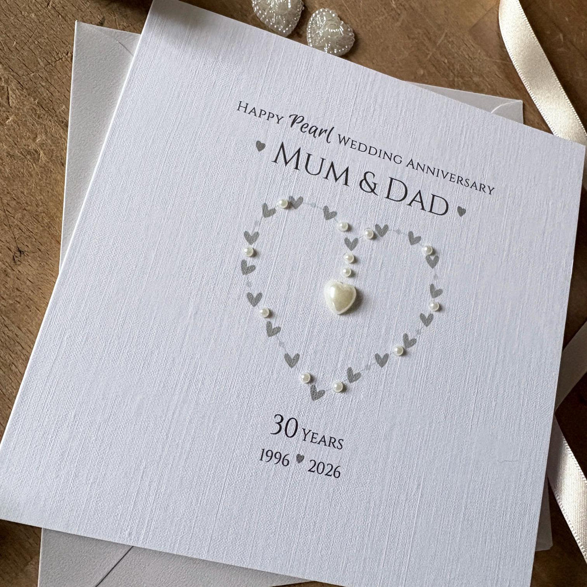 Personalised Pearl 30th Wedding Anniversary Card - Heart with Pearl Centre
