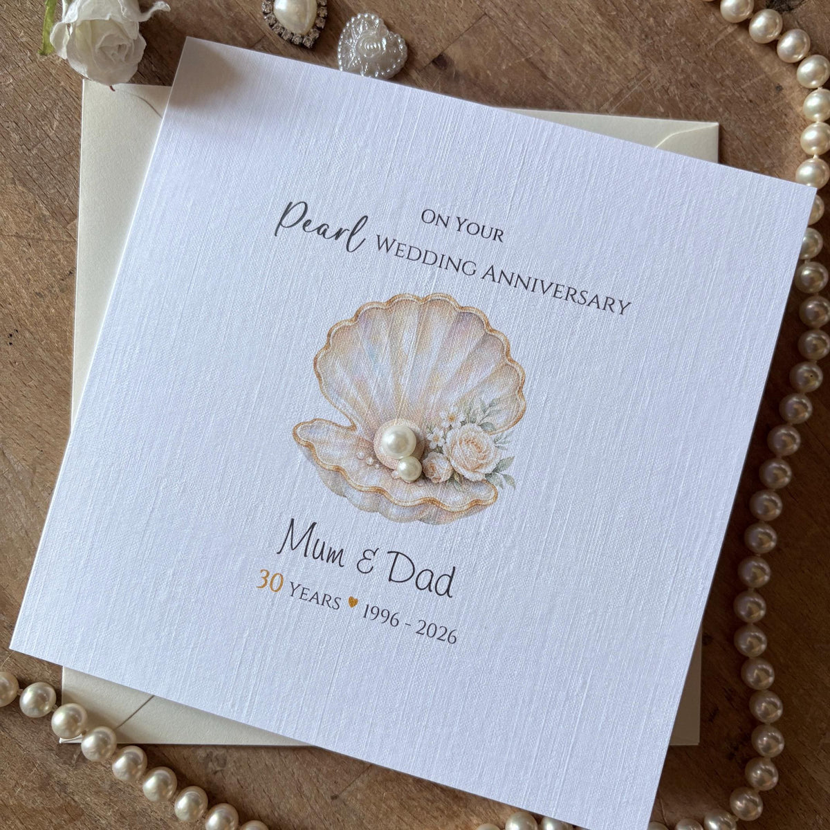 Personalised Pearl 30th Wedding Anniversary Card - Floral Seashell and Pearls