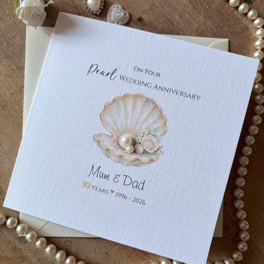 Personalised Pearl 30th Wedding Anniversary Card - Floral Seashell and Pearls